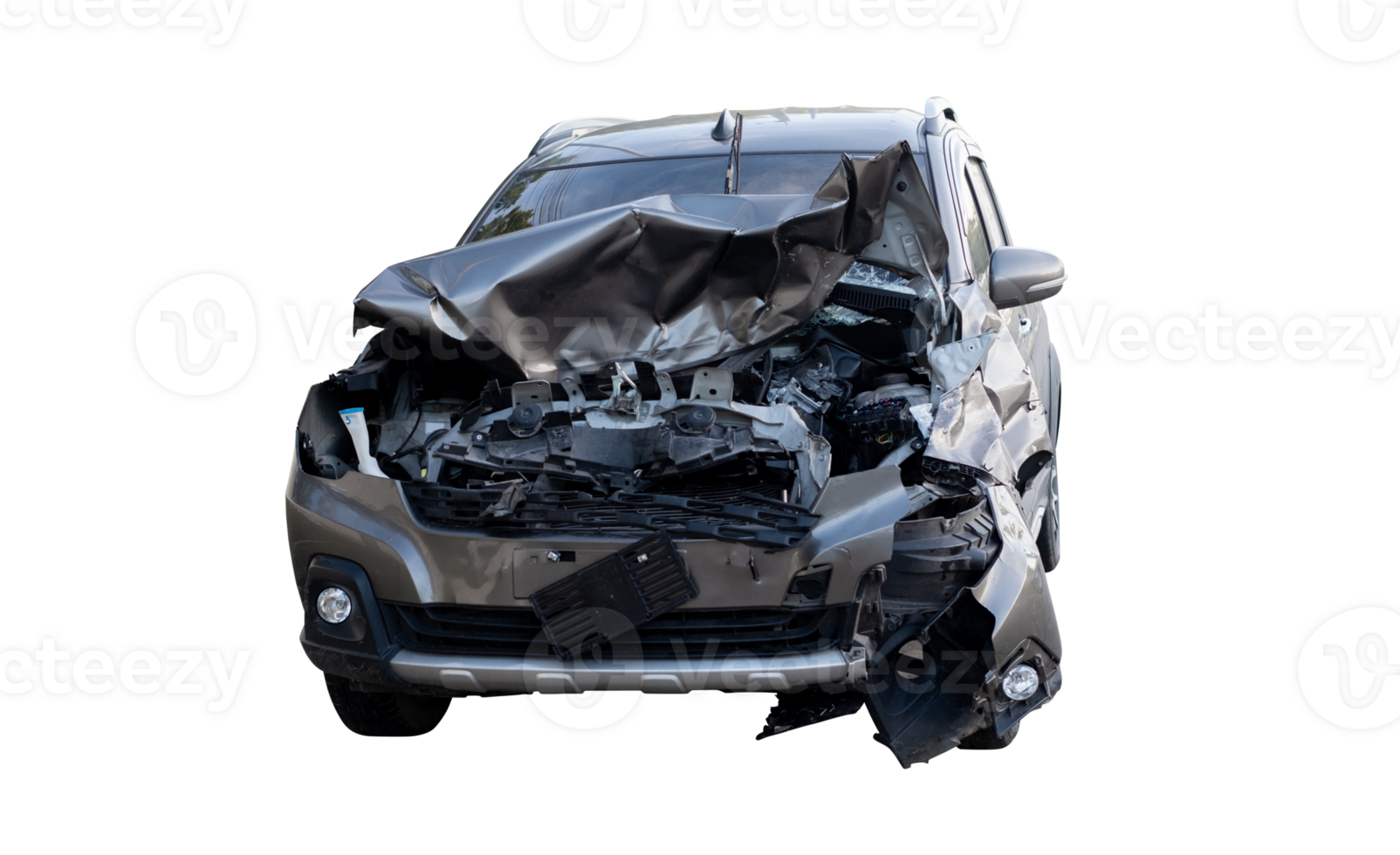 Car crash, Front view of new bronze car get damaged by accident on the road. damaged cars after collision. isolated on transparent background, car crash bumper graphic design element, File png