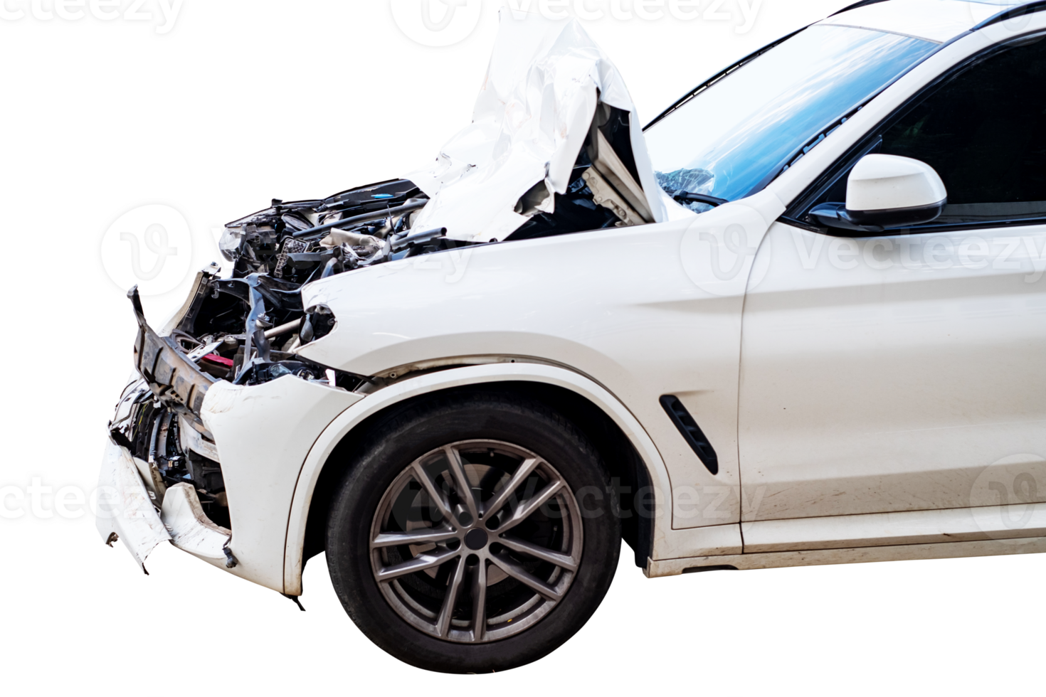 Car crash, Front and side view of white car get damaged by accident on the road. damaged cars after collision. Isolated on transparent background, car crash broken, File png