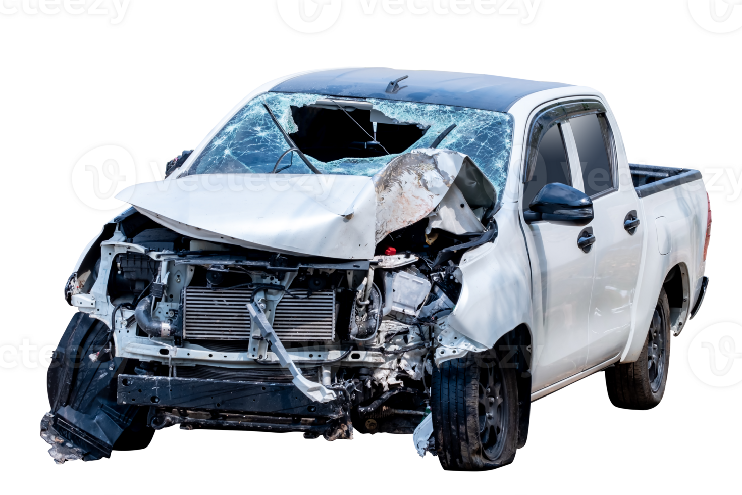 Front and side view of white or bronze pickup car get damaged by accident on the road. damaged cars after collision. isolated on transparent background, File png