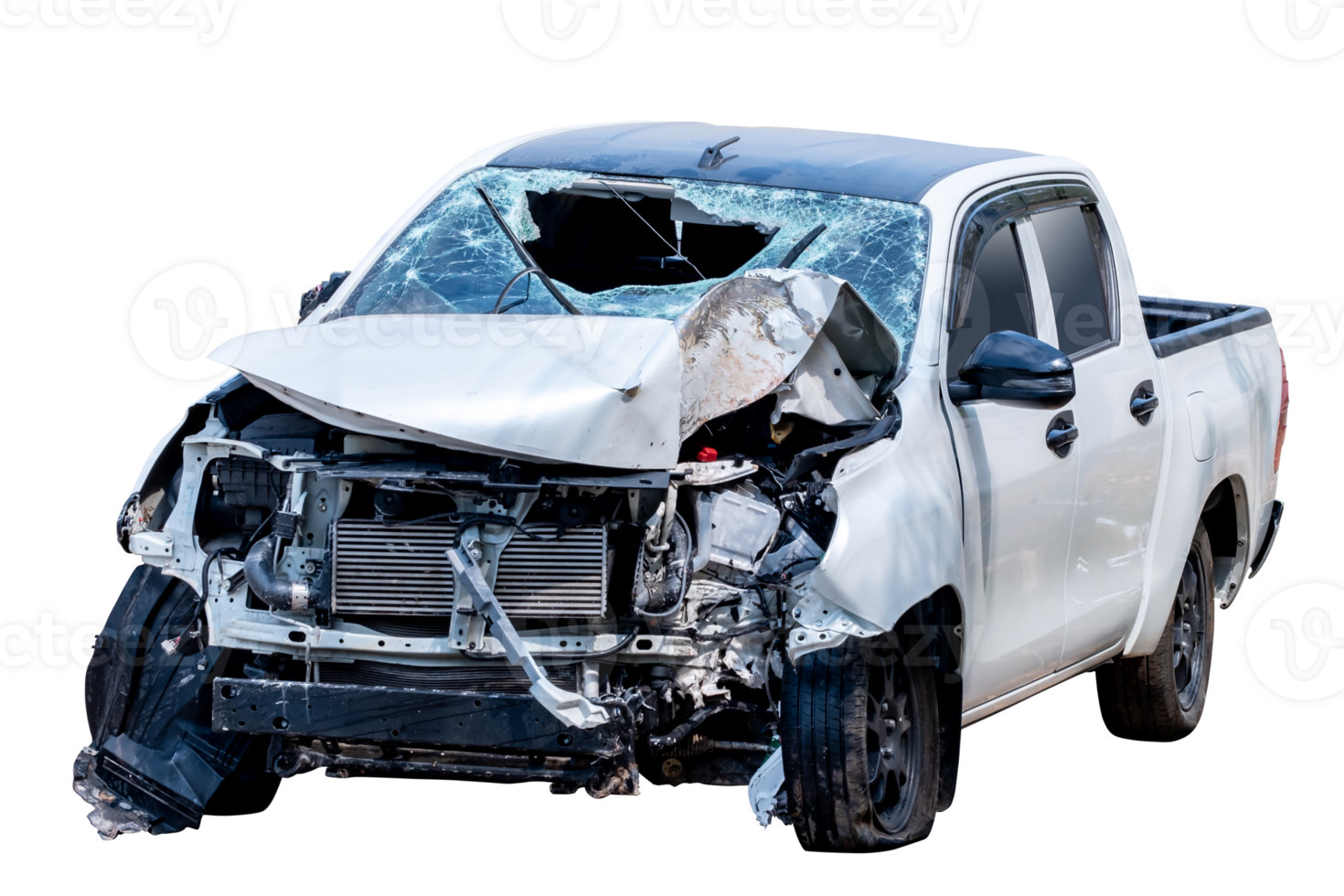 Front and side view of white or bronze pickup car get damaged by accident on the road. damaged cars after collision. isolated on transparent background, File png