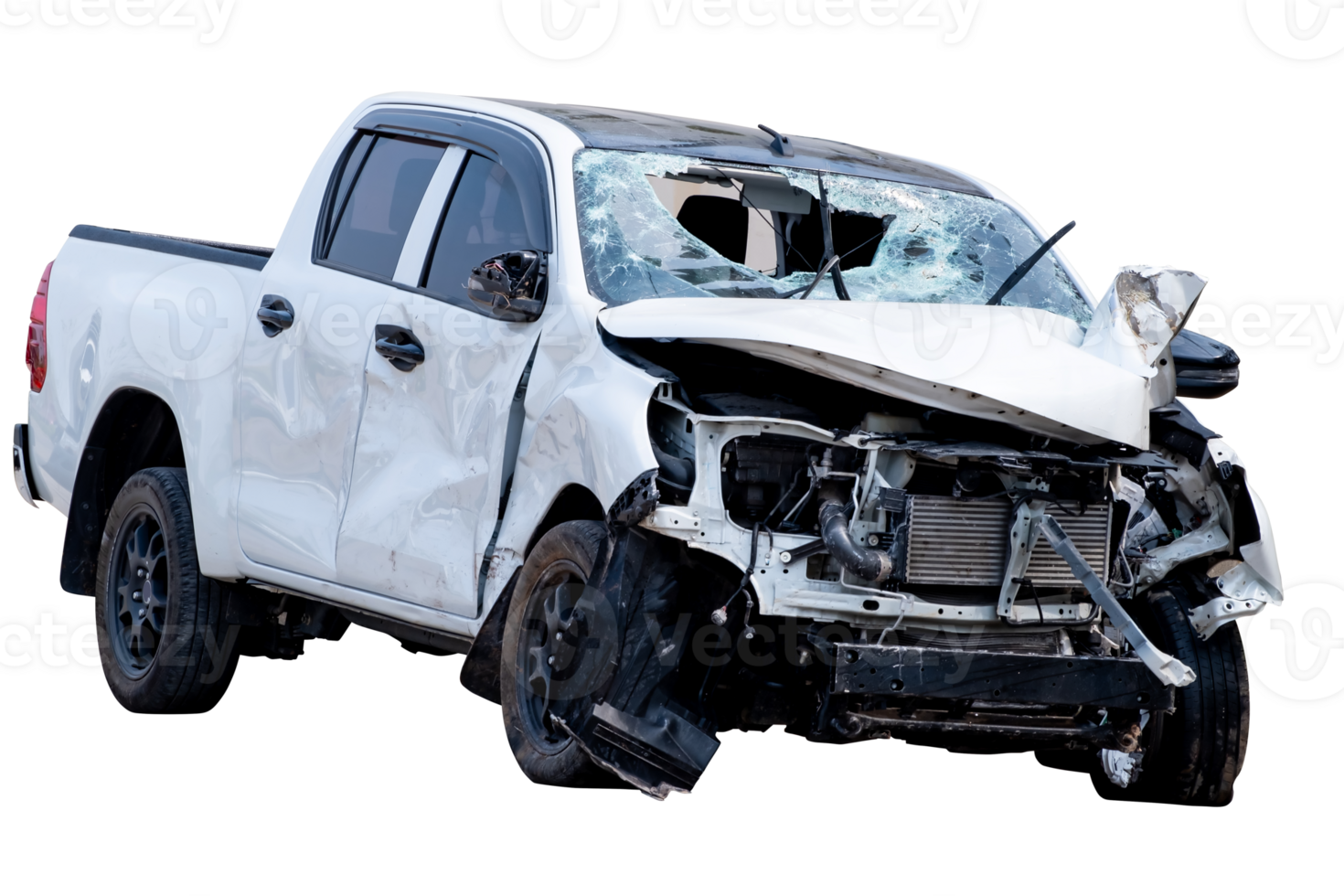 Front and Side view of white pickup car get damaged by accident on the road. damaged cars after collision. isolated on transparent background. File png