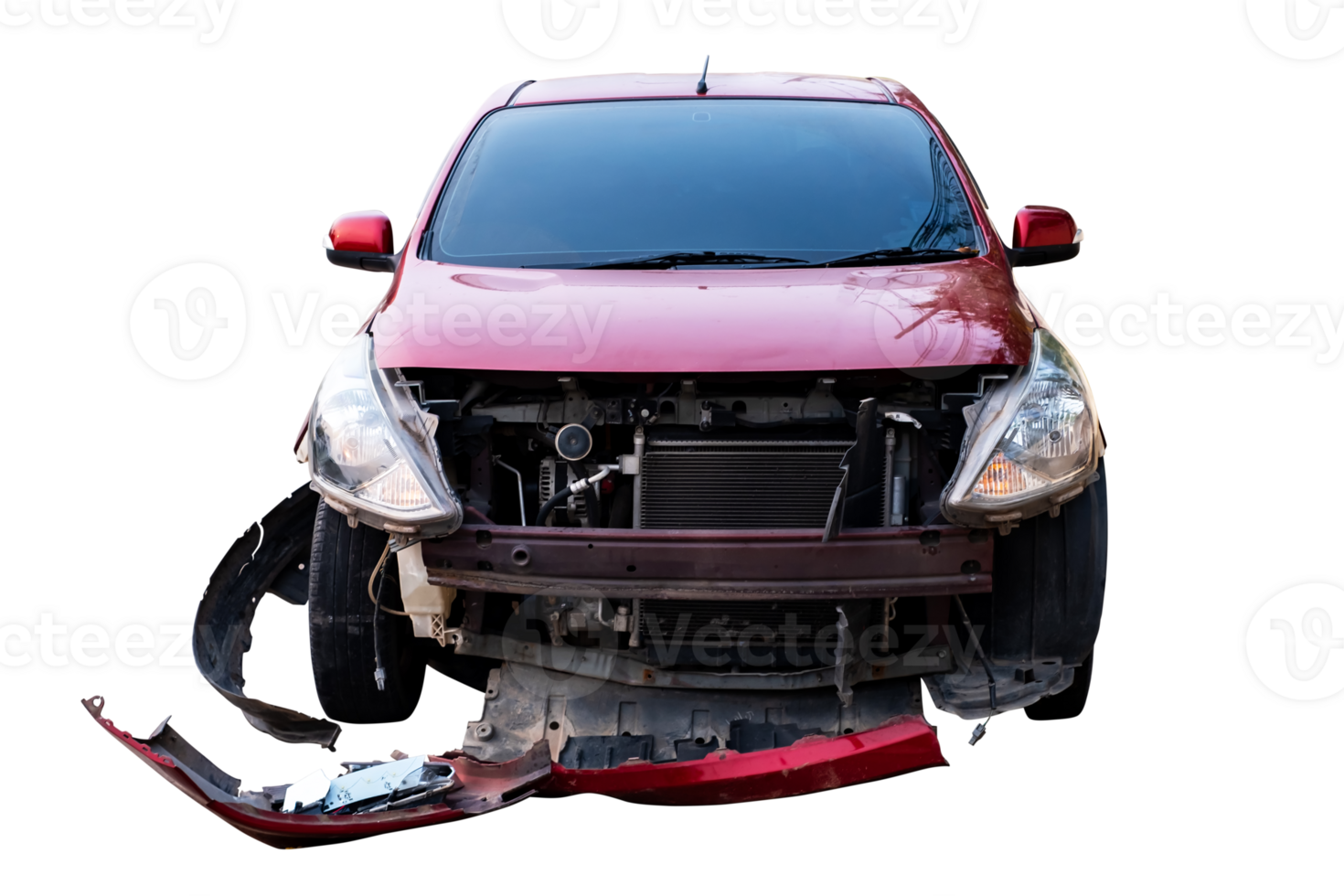 Car crash,Front view of red car get damaged by accident on the road. damaged cars after collision. Isolated on transparent background, car crash broken, Bumper, File png