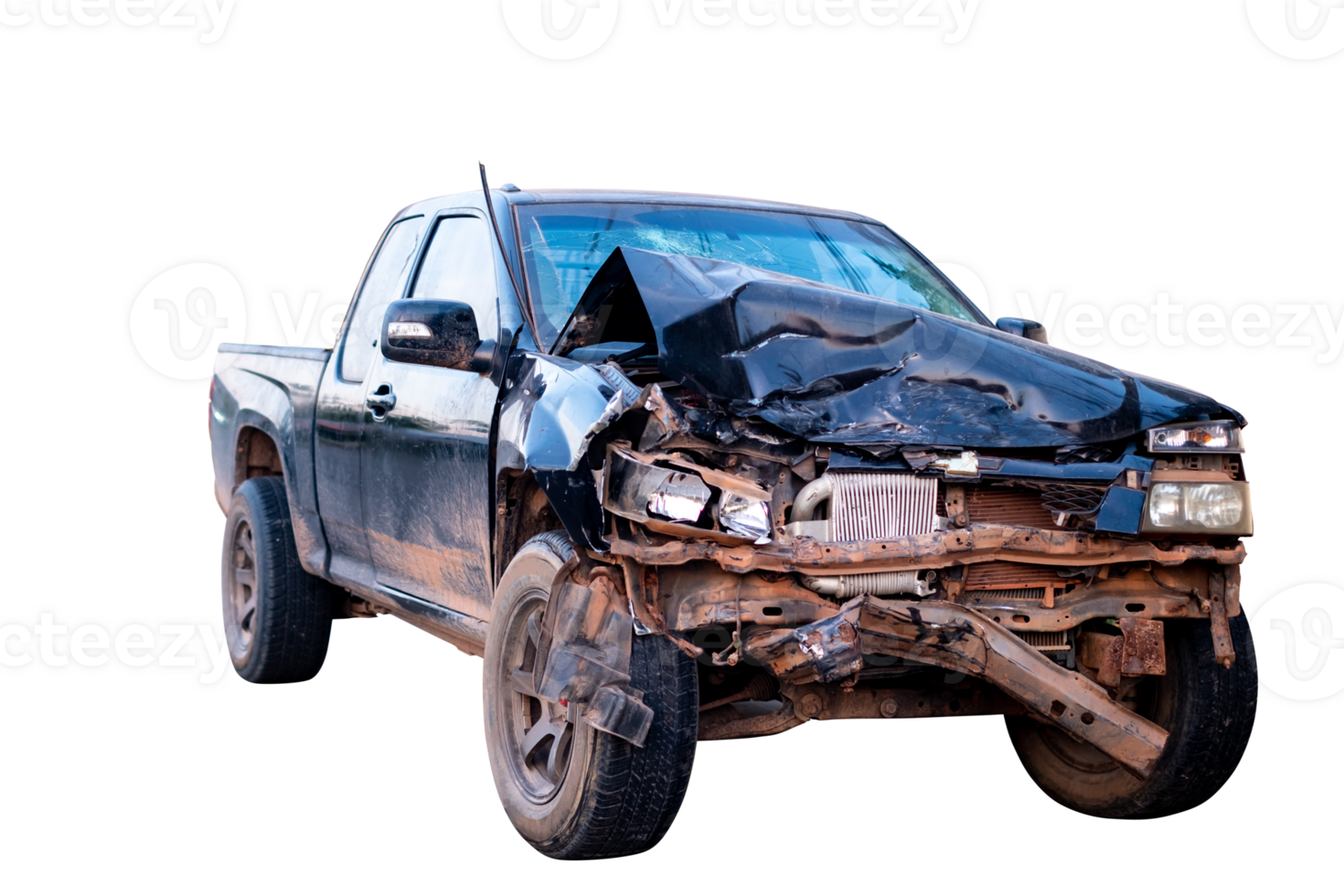 Front and side view of black pickup truck car get damaged by accident on the road. damaged cars after collision. isolated on transparent background, File png