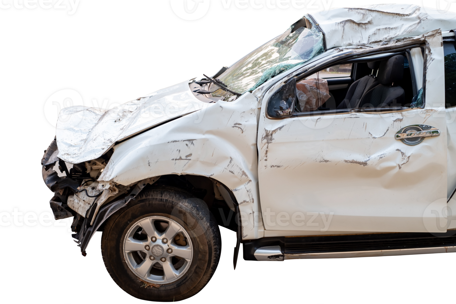 Car crash, Front and side view of white car get damaged by accident on the road. damaged cars after collision. Isolated on transparent background, car crash broken, File png