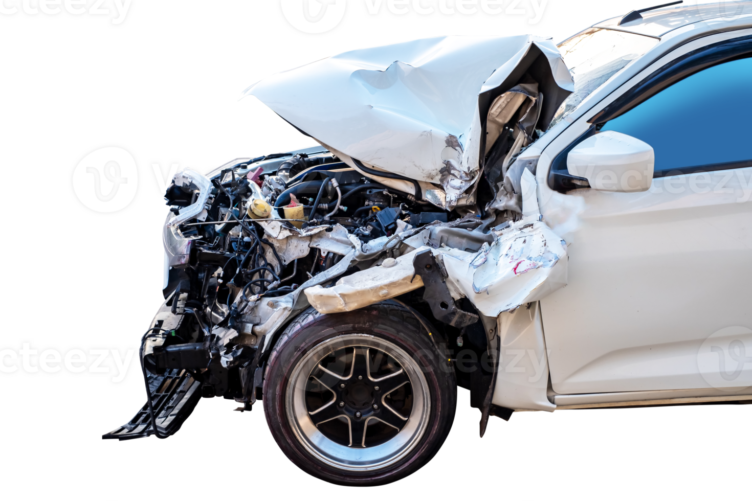 Car crash, Front and side view of white car get damaged by accident on the road. damaged cars after collision. Isolated on transparent background, car crash broken, File png