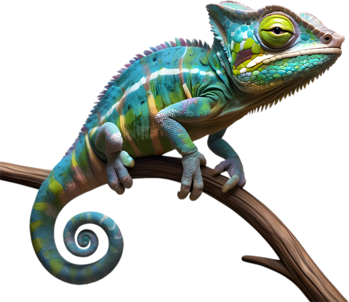 A photorealistic chameleon perched on a branch. AI-Generated. png