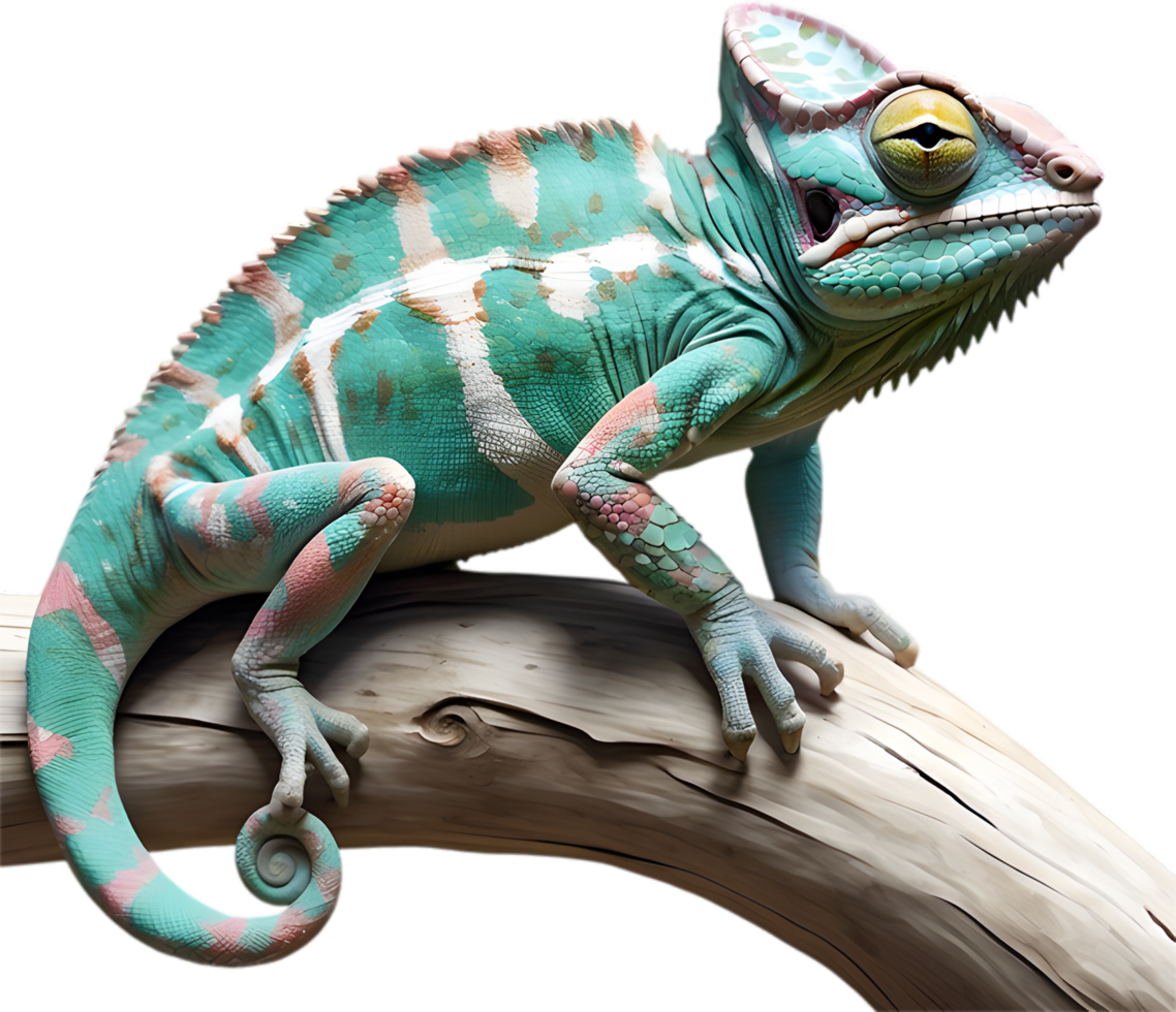 A photorealistic chameleon perched on a branch. AI-Generated. png