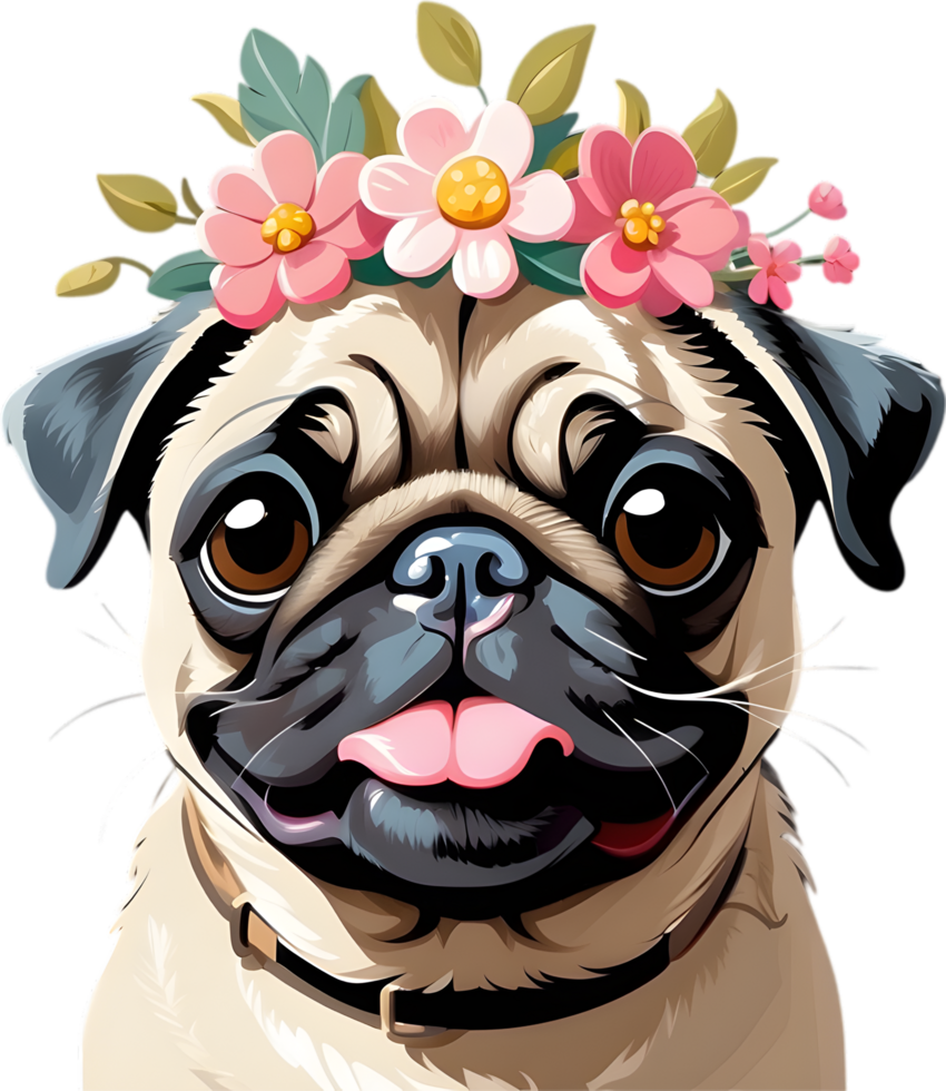 A grumpy but adorable pug puppy is wearing a flower crown. AI-Generated. png