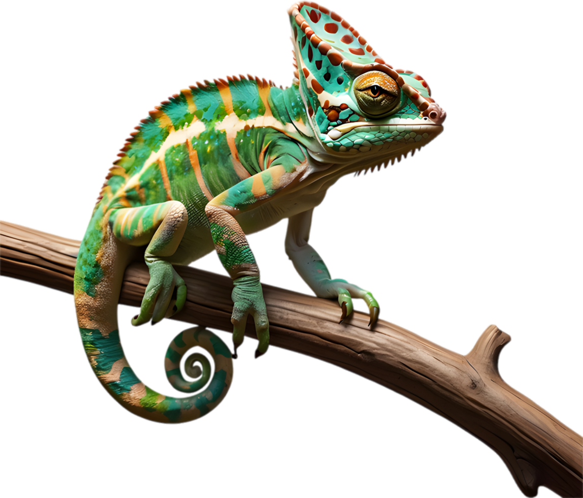 A photorealistic chameleon perched on a branch. AI-Generated. png