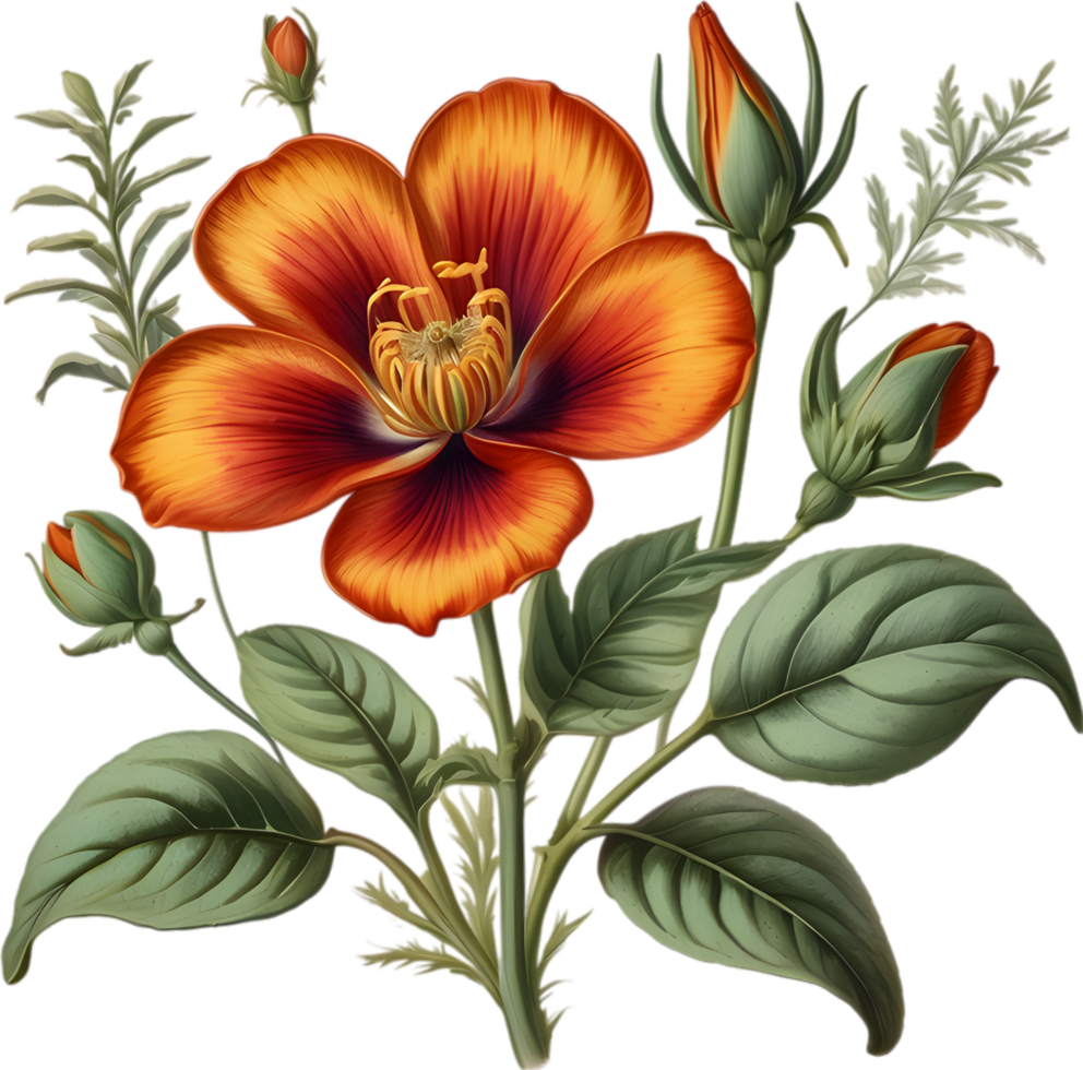 Vibrant flowers are rendered in the style of a vintage botanical illustration. AI-Generated. png