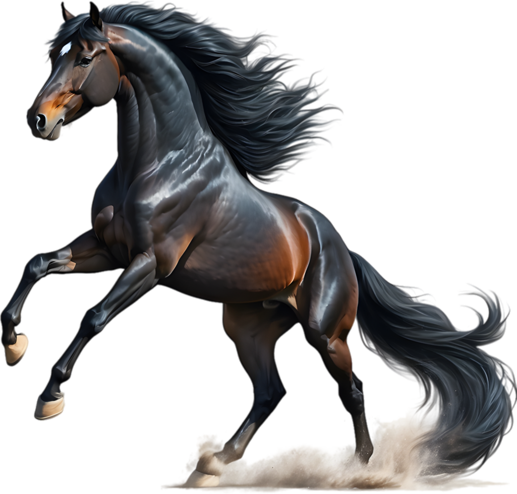 A majestic black stallion reared up on its hind legs. AI-Generated. png