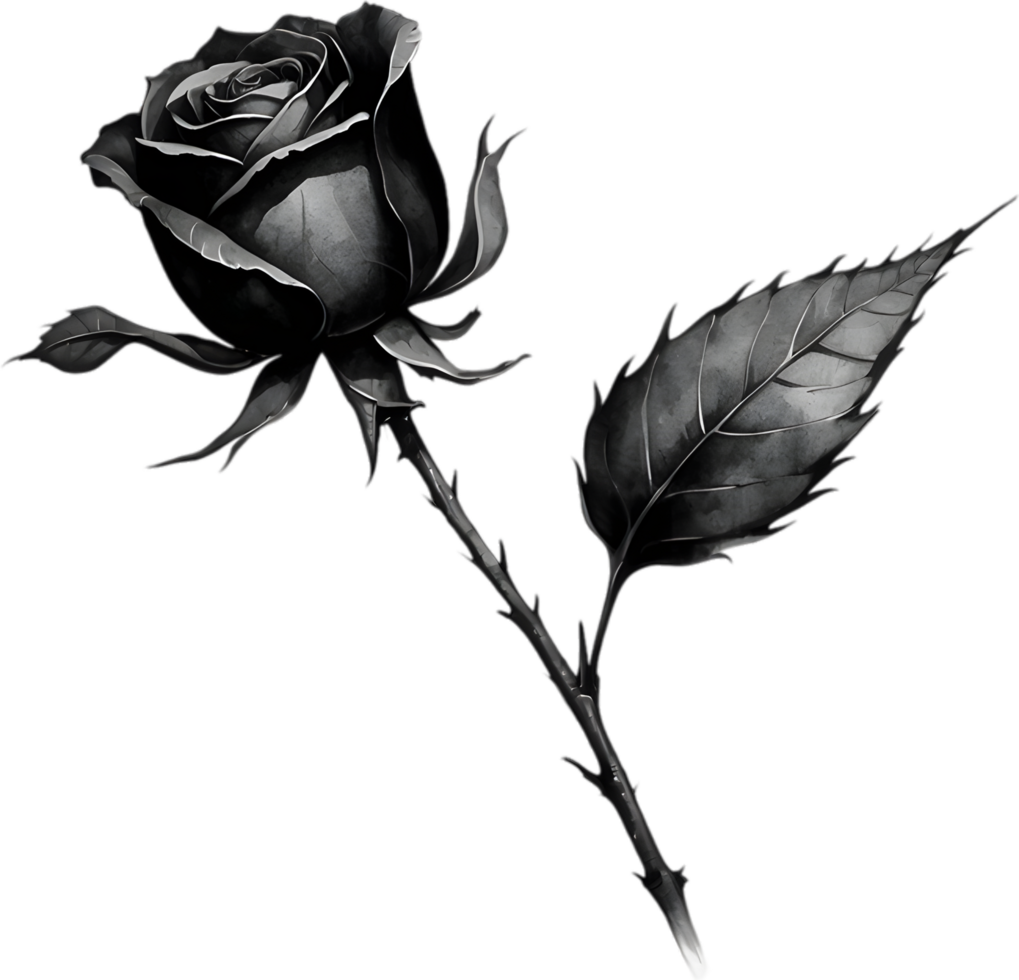 A single black Sumi-e rosebud with a sharp thorn. AI-Generated. png