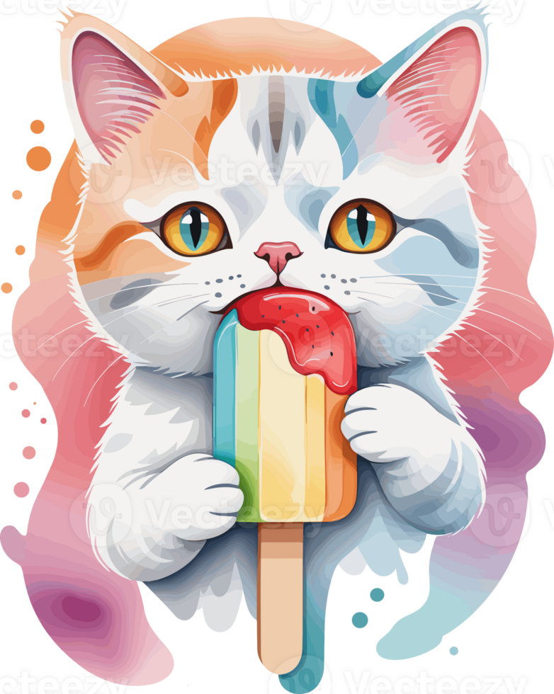 carino gatto mangiare delizioso ghiaccio pop cartone animato illustrazione, animale clipart per estate decorazione, bambini prenotare, vacanza, bar, bambino doccia, asilo, logo, gatto manifesto, design elemento png