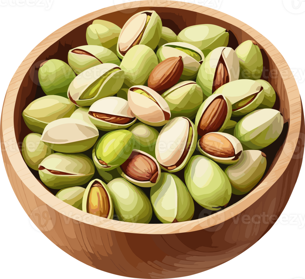 Watercolor styled Pistachio nuts in a wooden bowl isolated illustration, design element for snack, cooking, healthy food, ingredients, vegetarian, nutrition, organic farm, carbs, antioxidant, legume, png