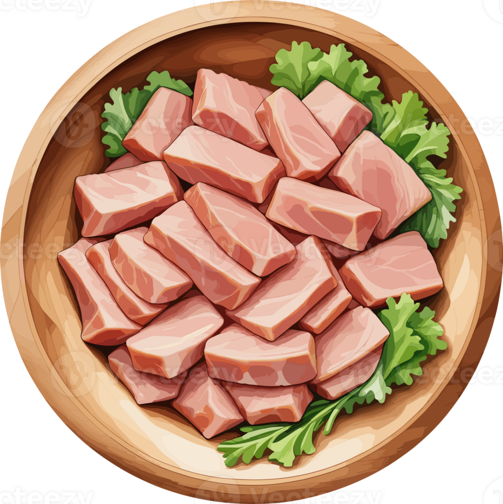 Fresh pork cuts in wooden bowl cartoon clipart , farm fresh meat for preparation, cooking, recipe, healthy, protein, low fat, meat, ingredients, nutrition, barbecue, diet, calories, sticker, logo png