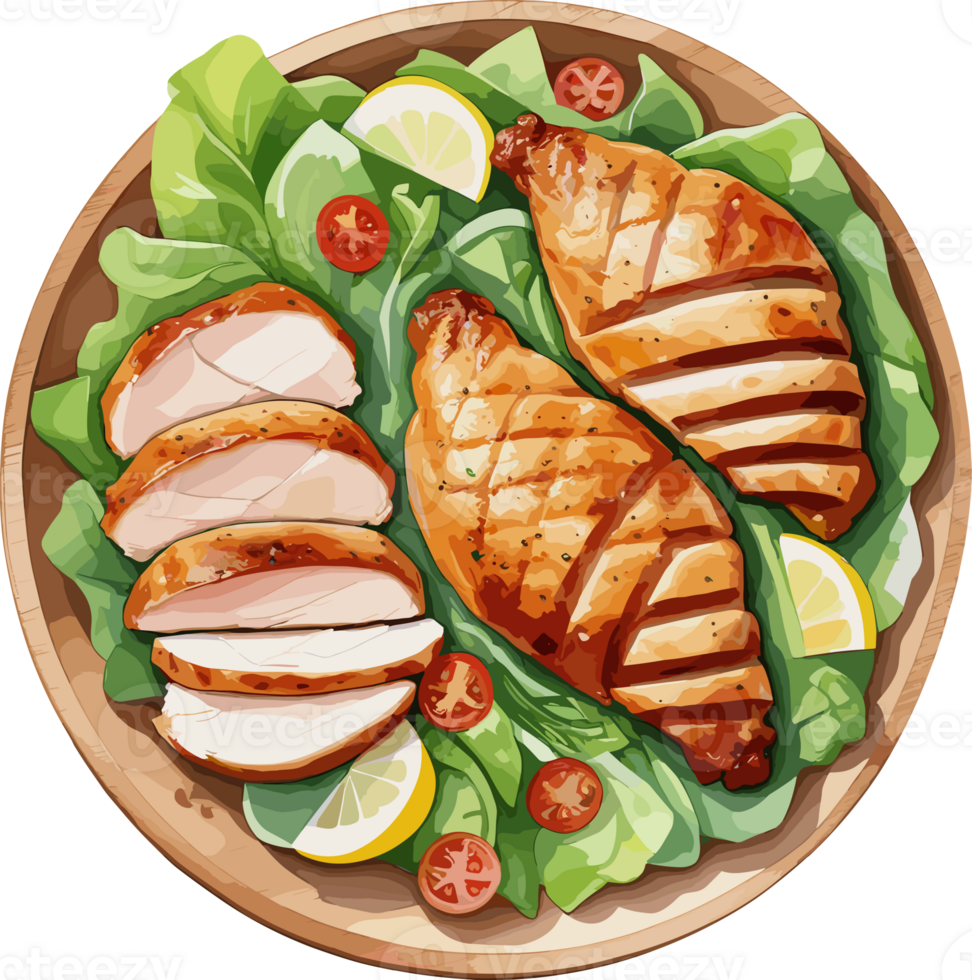 aislado delicioso A la parrilla pollo pecho ensalada en de madera lámina, acuarela dibujos animados clipart para sano alimento, rápido cena recetas, dieta, calorías, hogar cocinando, nutrición, menú, peso control, comida png