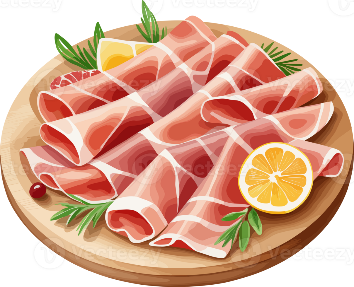 Fresh prosciutto crudo on wooden cutting board, sliced pork cartoon clipart for food preparation, grill, uncooked ham, recipes, meat, high calories, health, ingredients, protein, nutrition, fat, bbq png