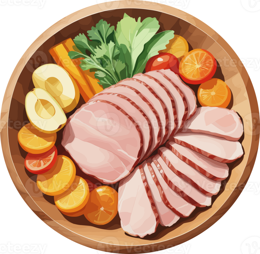 Pork slices and vegetables in wooden plate cartoon clipart for preparation, cooking, recipe, healthy, meat, ingredients, protein, nutrition, vegan ham, calories, diet, cold cut meats, sticker, logo png