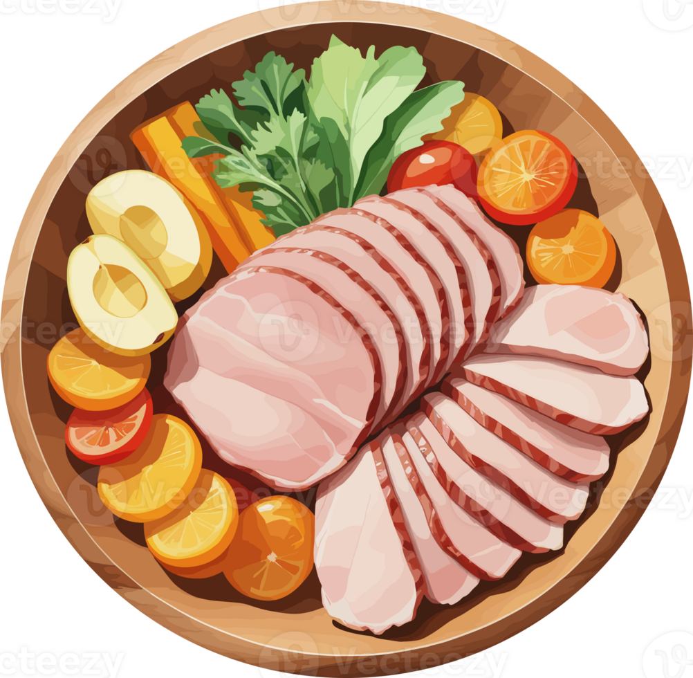 Maiale fette e verdure nel di legno piatto cartone animato clipart per preparazione, cucinando, ricetta, sano, carne, ingredienti, proteina, nutrizione, vegano prosciutto, calorie, dieta, freddo tagliare carni, etichetta, logo png