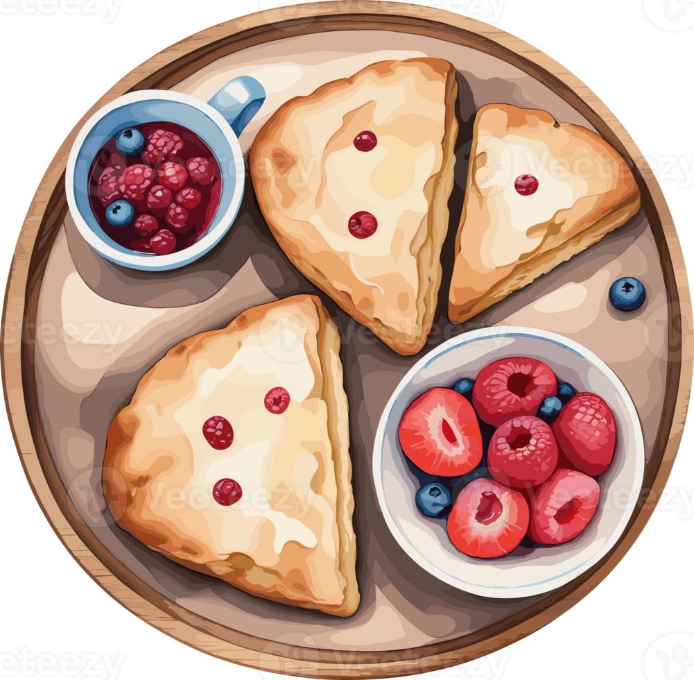 waterverf heerlijk scones met bessen in houten schotel illustratie Svg, voedsel clip art, ontwerp element voor nagerecht, voedsel, gebakje, bakkerij recept, bakken verkoop, brunch, tussendoortje tijd, eigengemaakt, zoet png