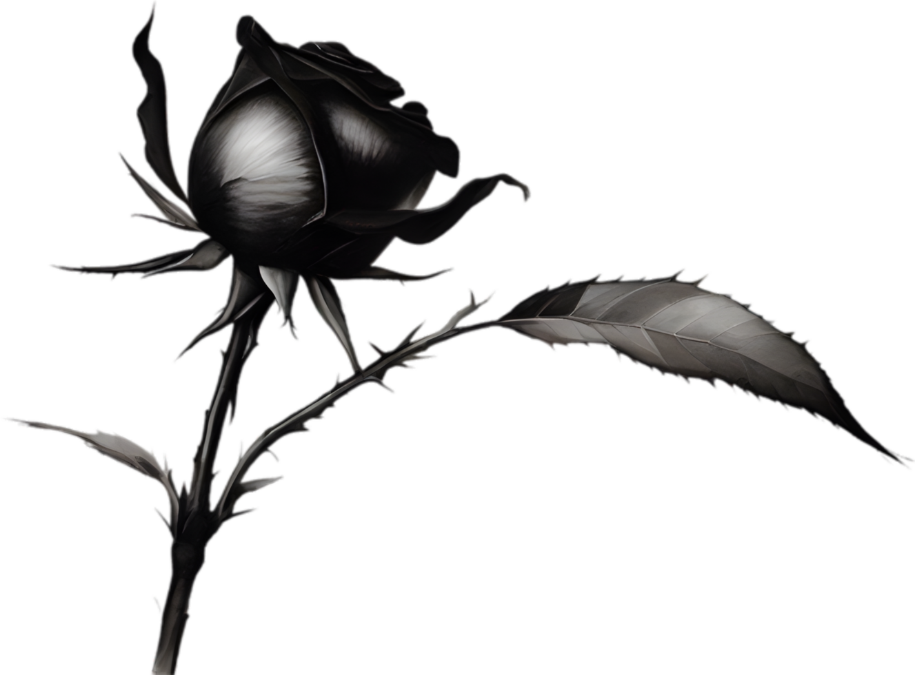 A single black Sumi-e rosebud with a sharp thorn. AI-Generated. png
