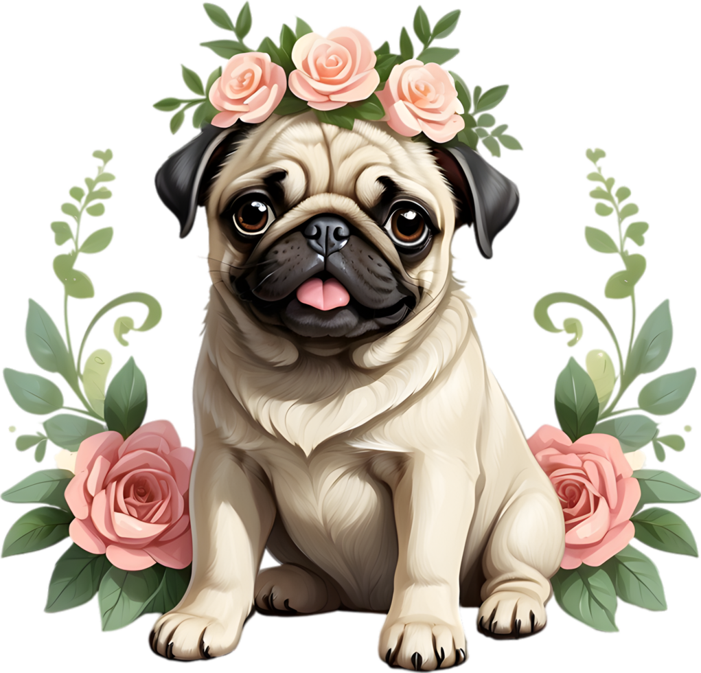A grumpy but adorable pug puppy is wearing a flower crown. AI-Generated. png