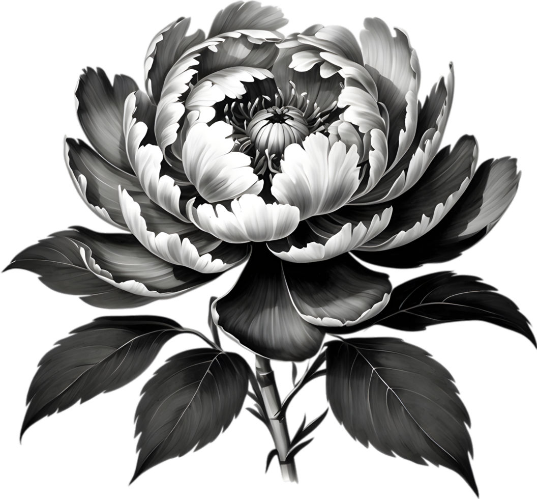 A black Sumi-e peony flower. AI-Generated. png