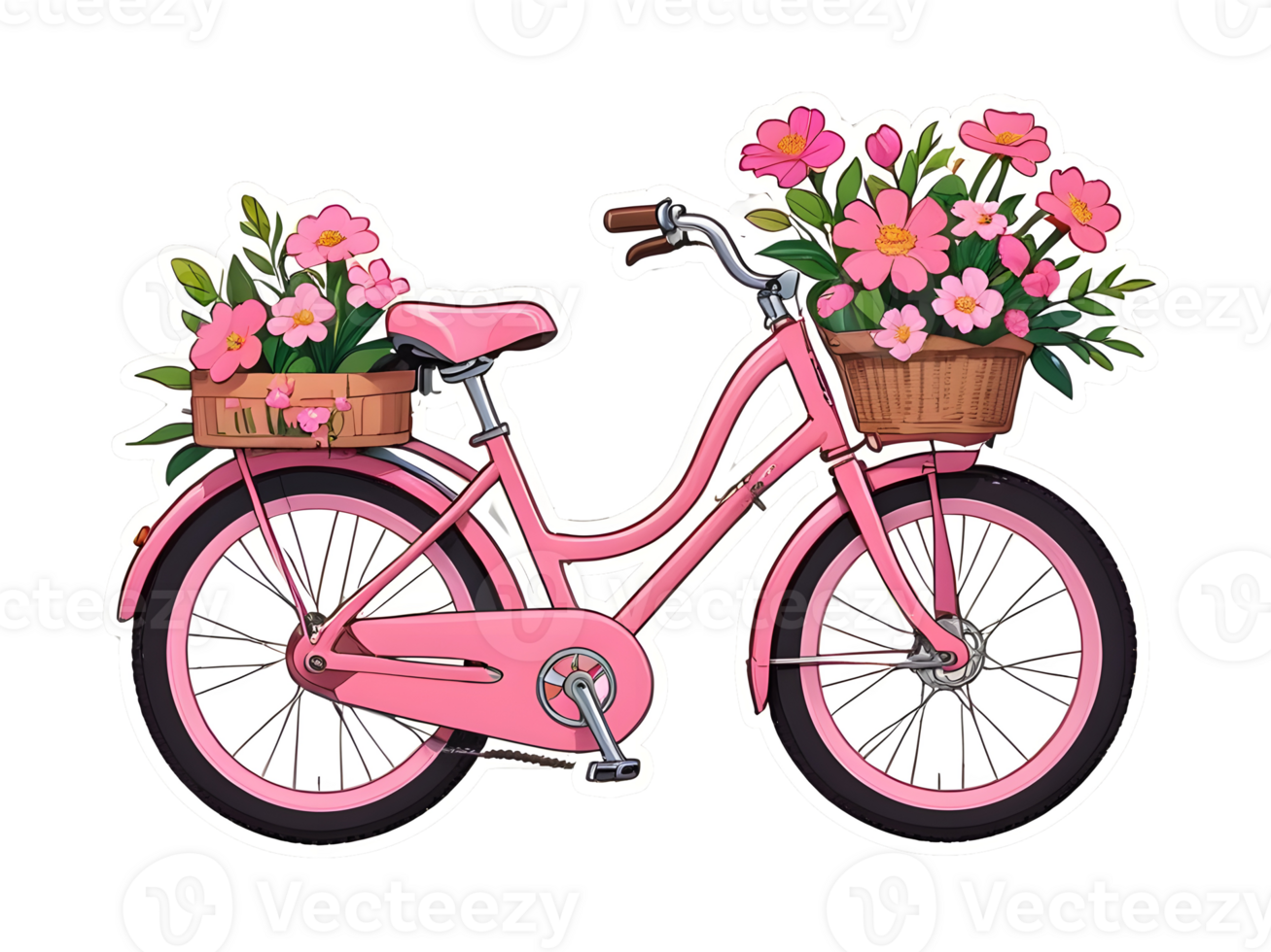desenho animado Rosa bicicleta com flores adesivo com branco contorno isolado png