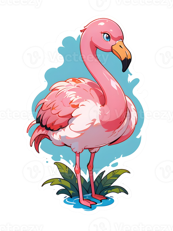 desenho animado Rosa flamingo em a azul fundo adesivo com branco contorno isolado png