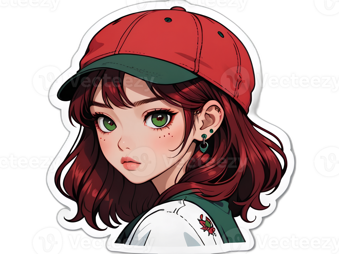 dessin animé magnifique femelle adolescent personnage avec rouge cheveux et vert yeux portant rouge casquette png