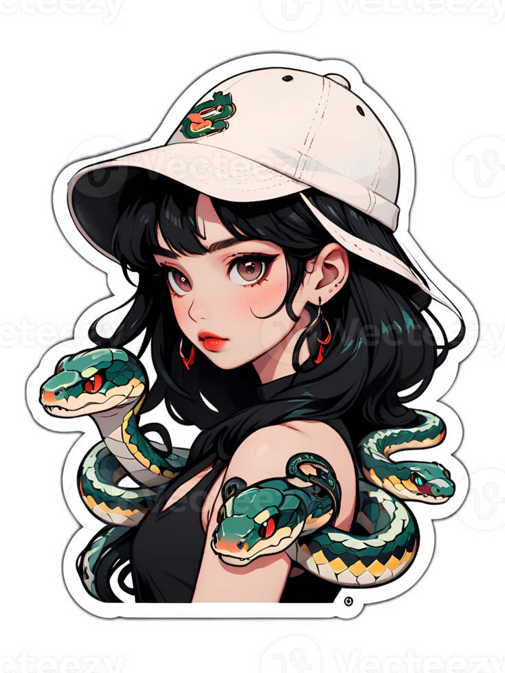 Cartoon beautiful female character with dark hair and brown eyes with snake sticker with white border png