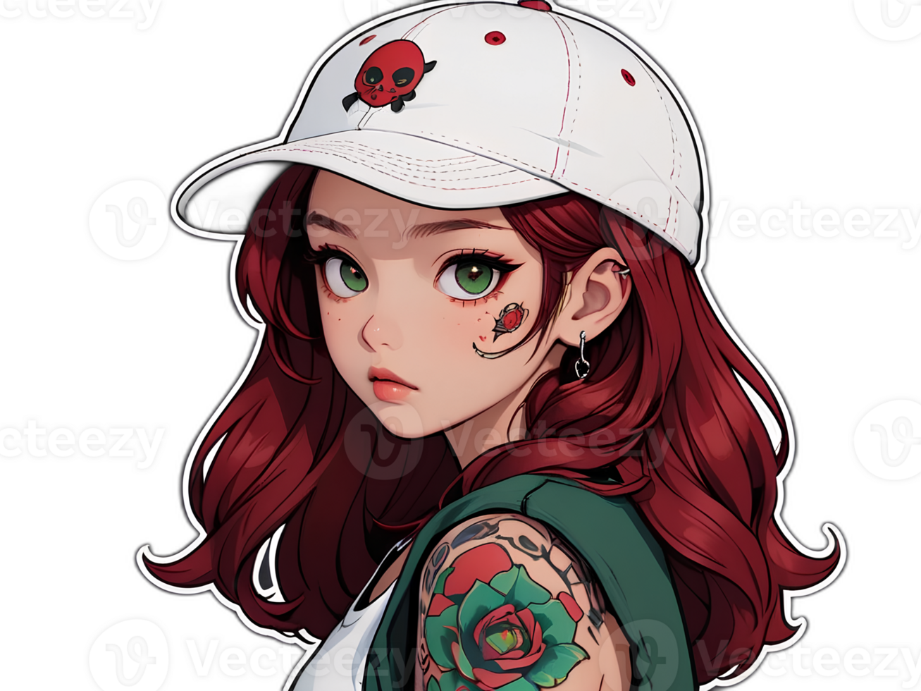 Cartoon beautiful female teenager character with red hair and tattoo wearing white cap sticker with white border png