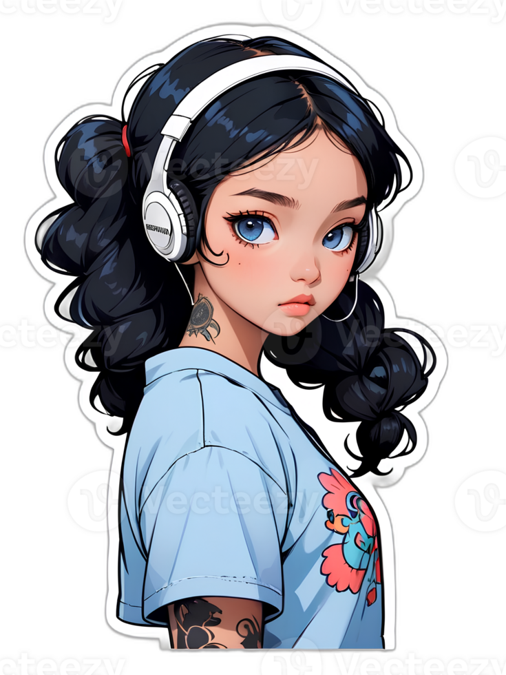 Cartoon beautiful female teenager character with blue hair and big headphones listening to music sticker with white border png