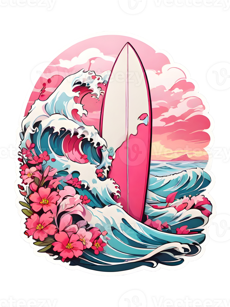 cartone animato rosa tavola da surf con fiori e oceano onde etichetta con bianca contorno isolato png
