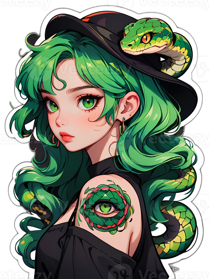 Cartoon beautiful female character with green hair and green eyes with snake sticker with white border png