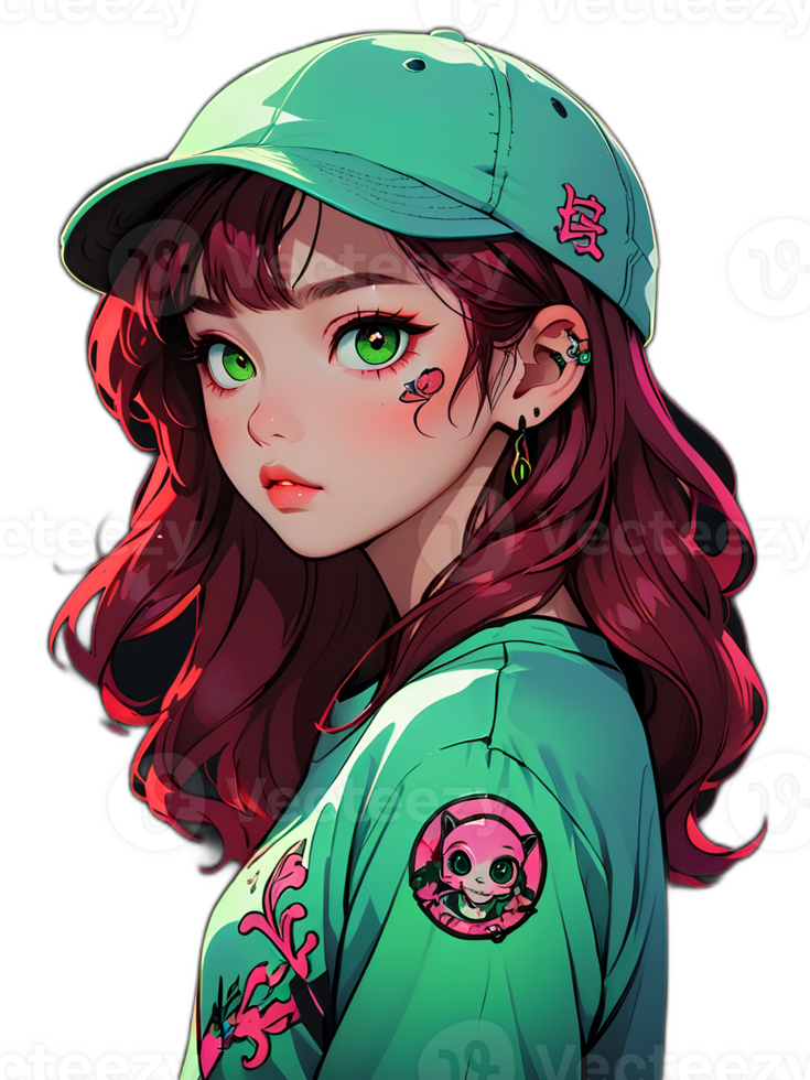 Cartoon beautiful female teenager character with red hair and green eyes wearing green cap sticker with white border png
