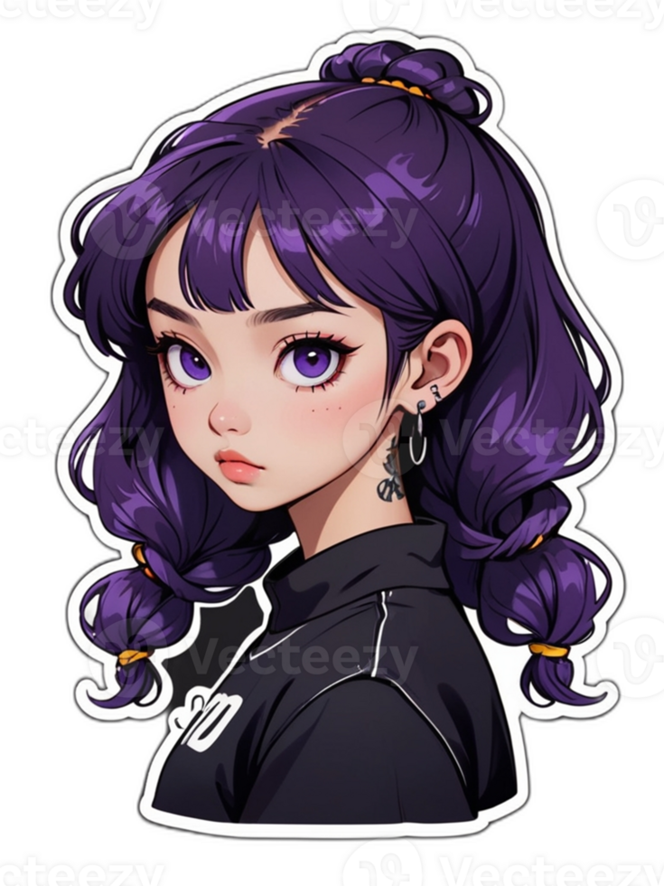 Cartoon beautiful female teenager character with purple hair and purple eyes sticker with white border png