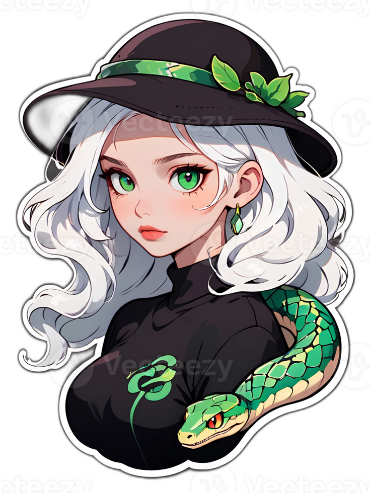 Cartoon beautiful female character with white hair and green eyes with snake sticker with white border png
