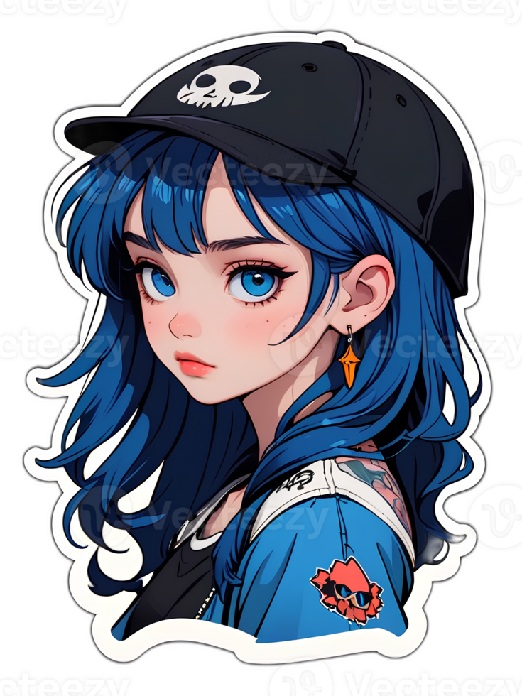 Cartoon beautiful female teenager character with blue hair wearing black cap sticker with white border png