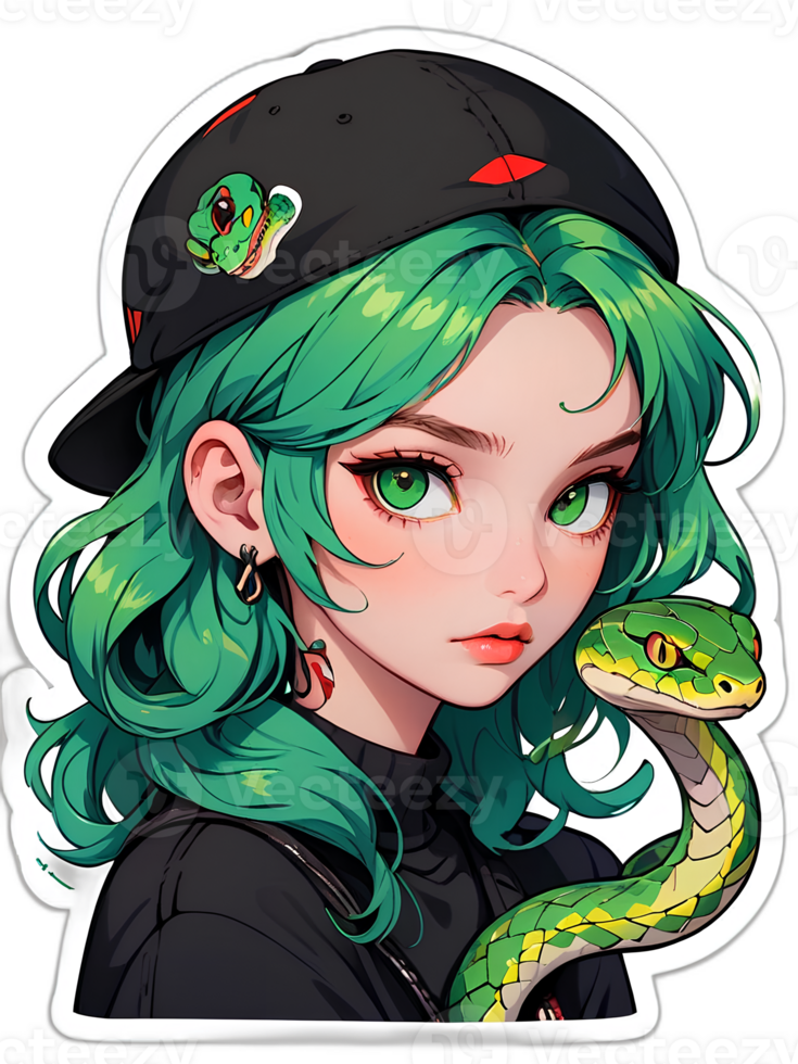 tekenfilm mooi vrouw karakter met groen haar- en groen ogen met slang sticker met wit grens png