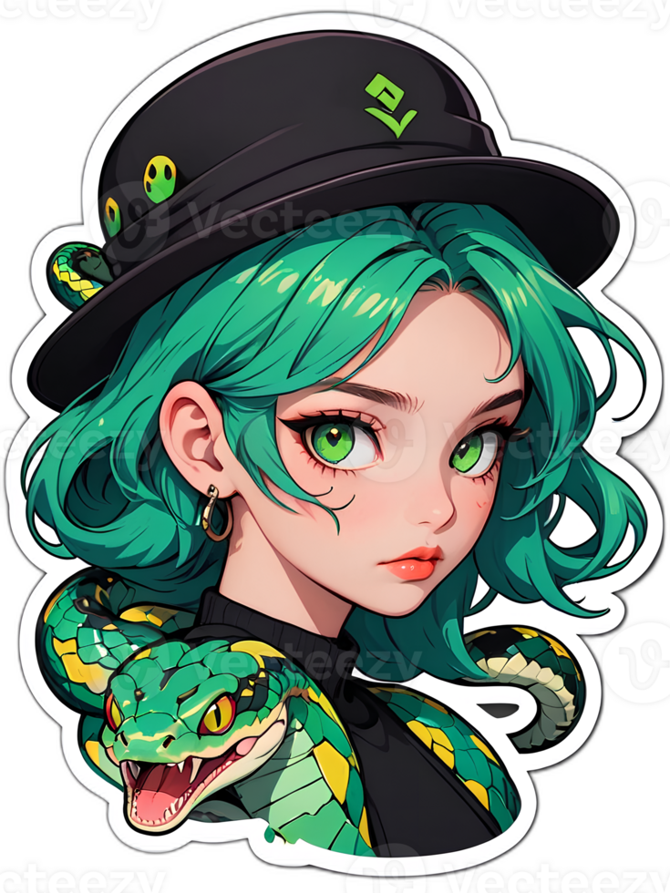 Cartoon beautiful female character with green hair and green eyes with snake sticker with white border png