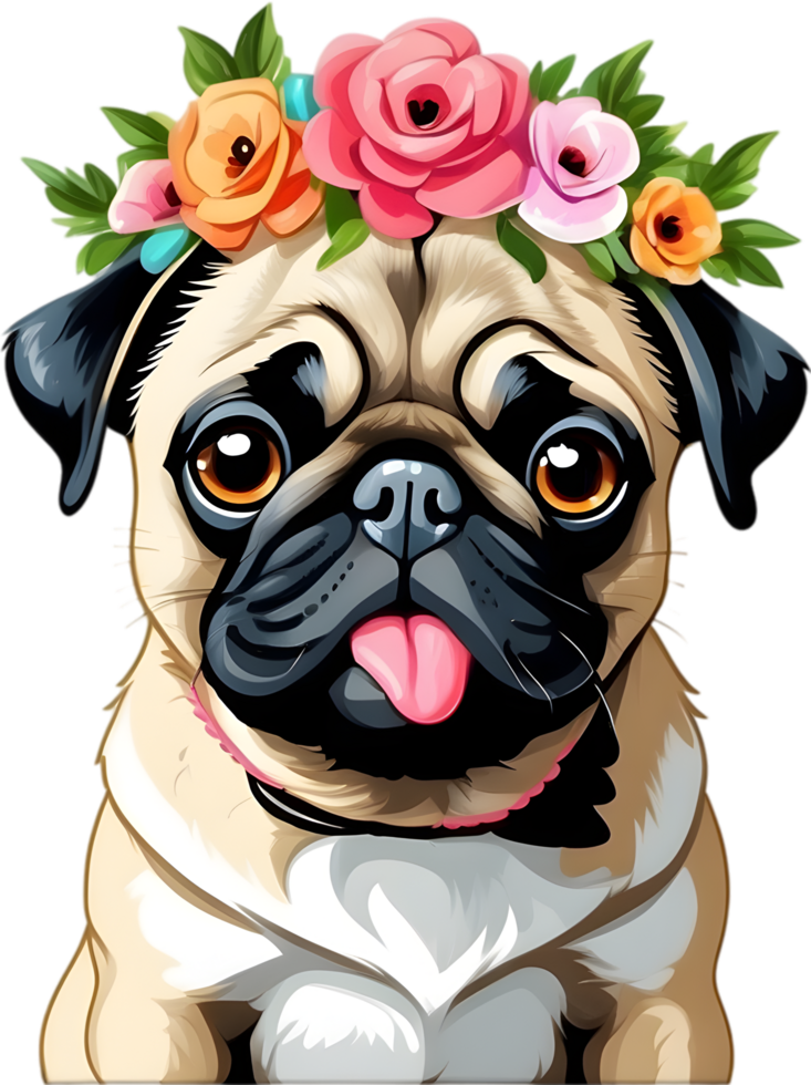 A grumpy but adorable pug puppy is wearing a flower crown. AI-Generated. png