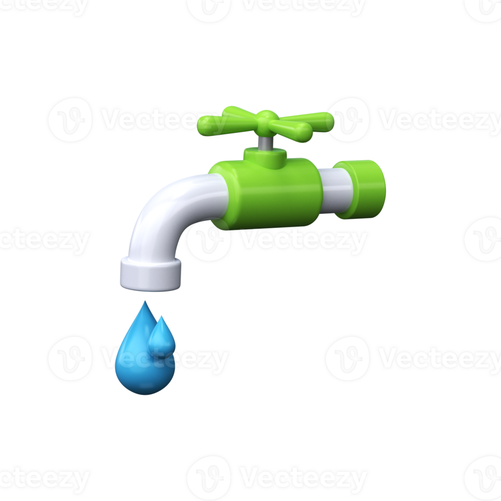 3d faucet with water drops. Concept of ecology png