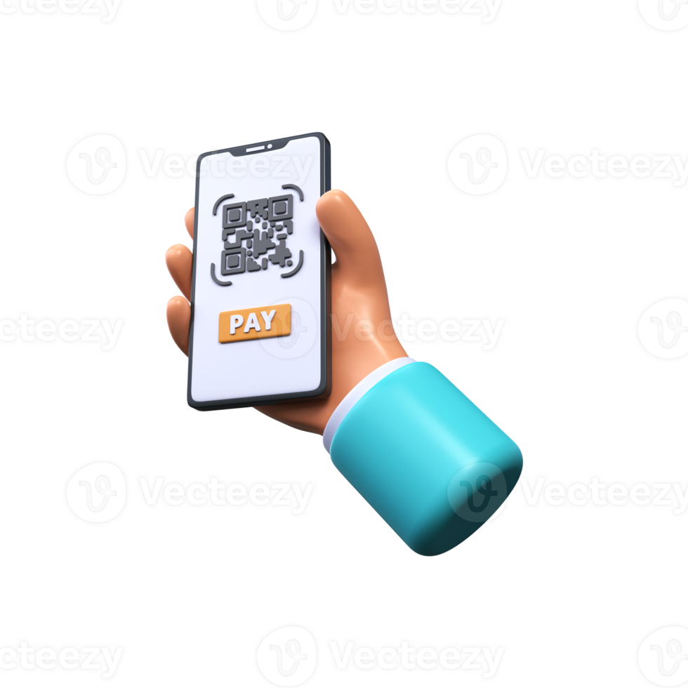 The hand holds a smartphone for payment with a QR code. 3d render. png