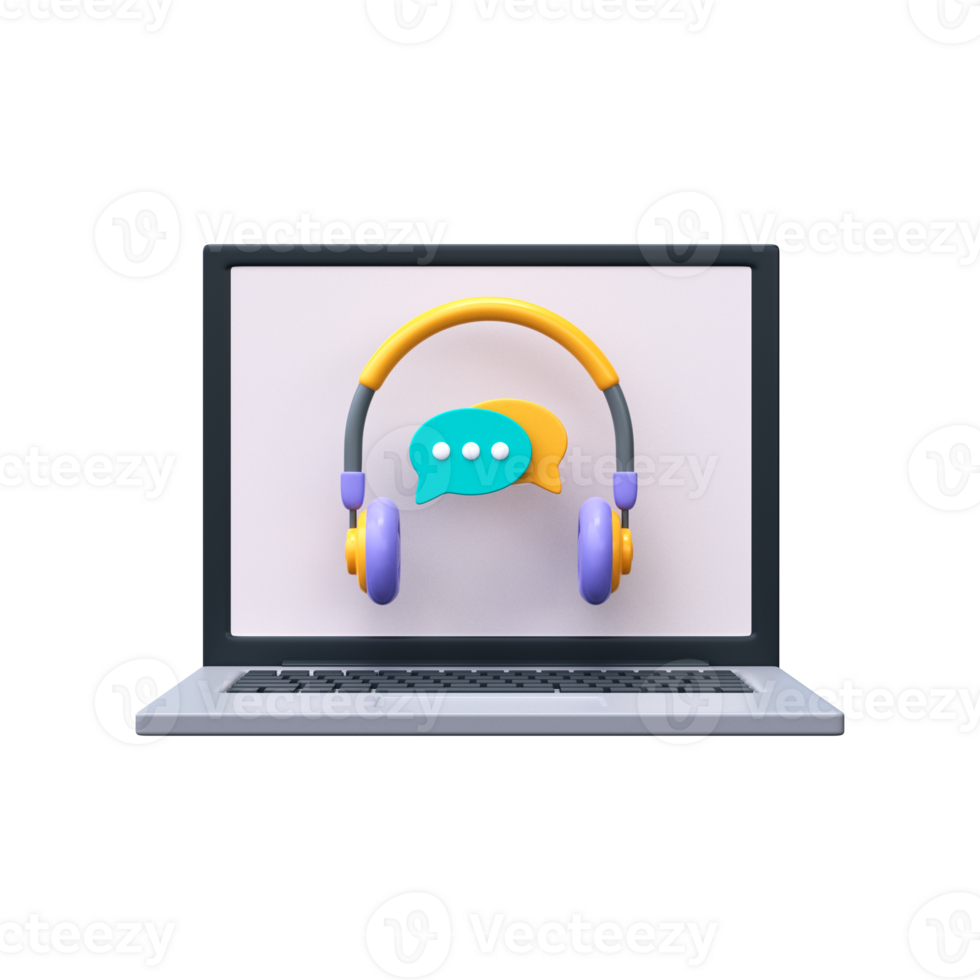 Call center with chat bubble. 3D headphones with chat on laptop screen, support service icon png