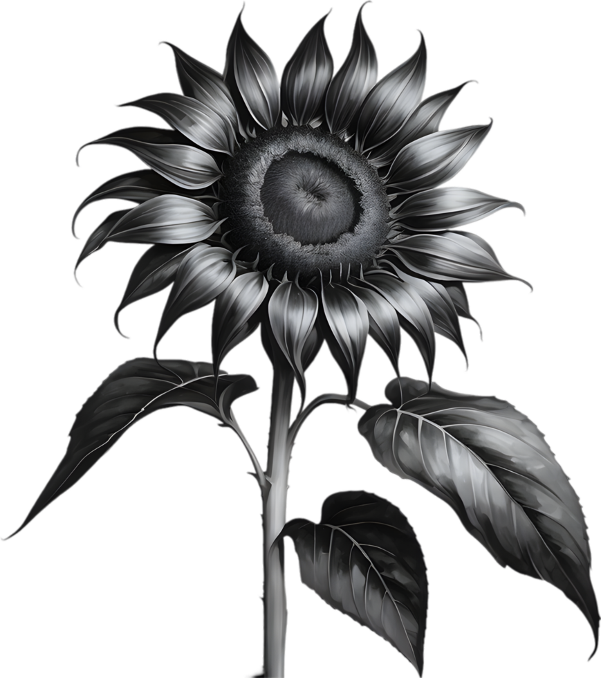 A black Sumi-e sunflower in full bloom. AI-Generated. png