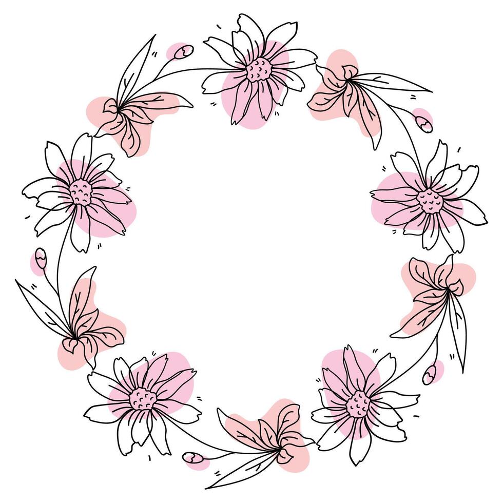 Hand drawn flowers wreath frame on white background vector