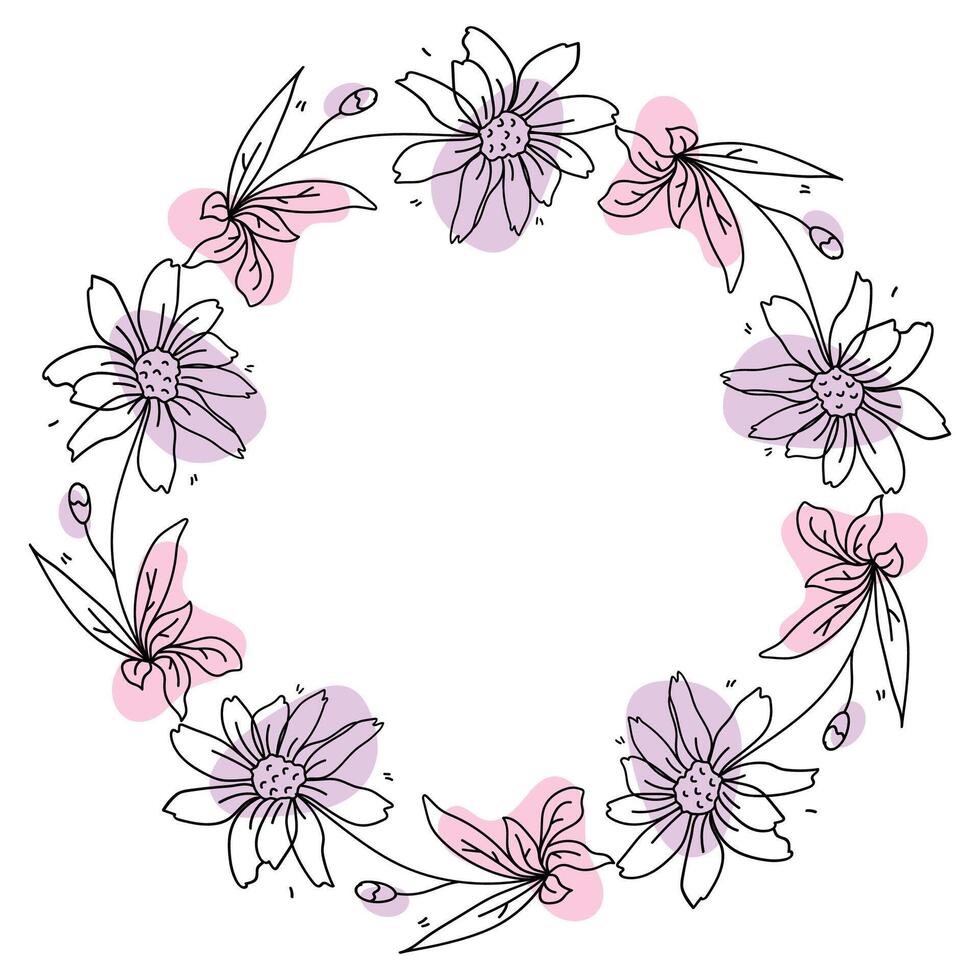 Hand drawn flowers wreath frame on white background vector