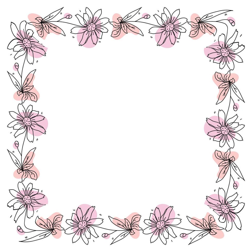 Hand drawn flowers wreath frame on white background vector