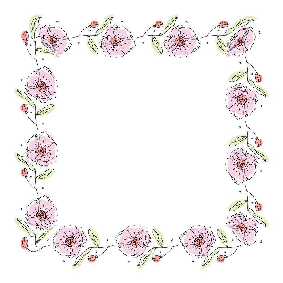 Hand drawn flowers wreath frame on white background vector